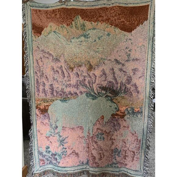 Moose Woven Tapestry Blanket Woods River Rocks Fringed Throw 50 x 68 - Picture 9 of 10